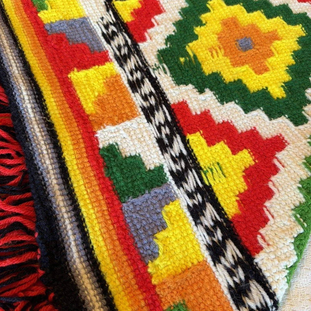 Vintage Handmade Needlepoint Rug 47x40 Geometric Folk Art Tapestry Colorful